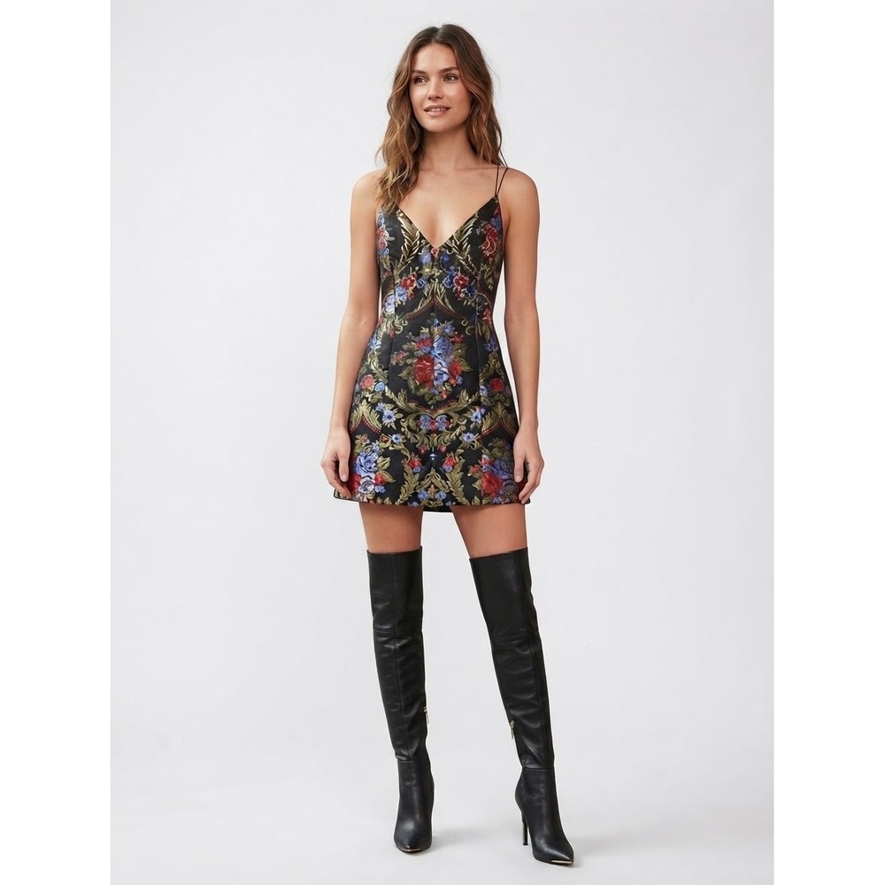 NWT Alice + Olivia Womens Mini Dress Black Floral Brocade Metallic Open Back 4